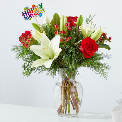 Evergreen Delight Bouquet & Happy Birthday Topper